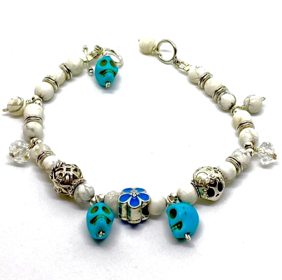 Sterling & Turquoise Skulls Charm Bracelet by Rock n Roll Hearts. 8”
