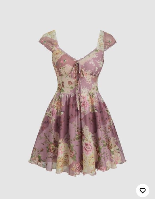 Mesh V Neck Floral Patchy Ruffle Hem Mini Dress