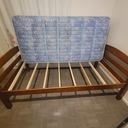 Twin Bed Frame (Brown) With Twin Size Mattress(blue With Designs)