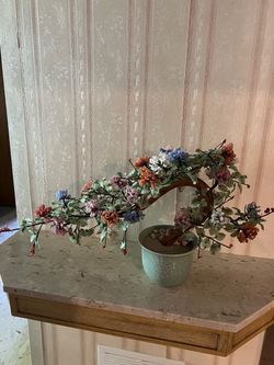 Vintage Asian Jade Stone Glass and Wood Faux Bonsai Tree in Celadon Pot