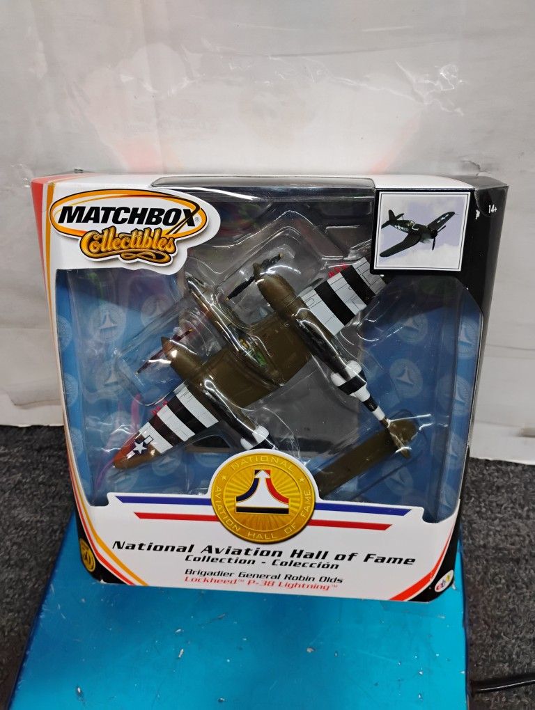 Matchbox Collectibles National Aviation Hall of Fame Lockheed P-38 Lightning die-cast model, specifically honoring Brigadier General Robin Olds.