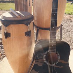 Music Instrument Bundle - $75- bongo drum set heavy duty, black Indian guitar, piano toy for kids, wooden flute