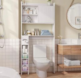 Over The Toilet Storage Cabinet with Sliding Door, 31.5" W Over Toilet Bathroom Organizer with Adjustable Shelves & Toilet Paper Holder, Space Saver C