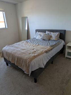 FULL-SIZE GRAY UPHOLSTERED BED FRAM - $50 OBO
