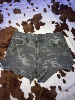 Seethrusouls camo denim short shorts 