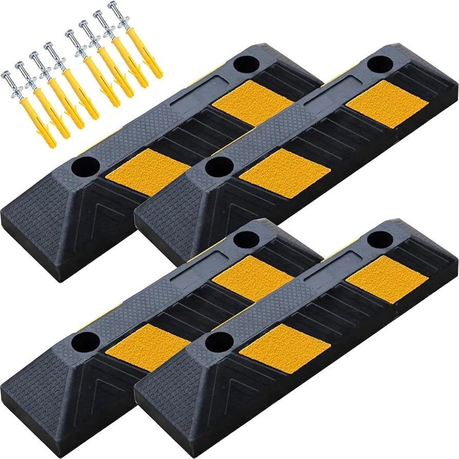 Heavy-Duty Rubber Parking Curbs, Parking Garage Floor Stoppers with Reflective Stickers, Mounting Screws Included, Wheel Stoppers for Car, Truck, Pick