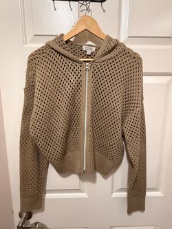 Faded Rose Essentials Taupe Open Knit Zip-Up Hoodie Sweater Size Large
