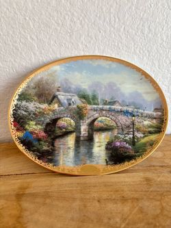 Thomas Kinkade Lamplight Bridge Oval Collector Plate Bradford Exchange Village Art