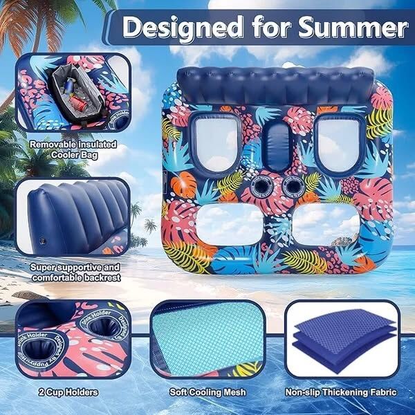 2-Person Inflatable Pool Floats Adult, 71" x 61" Pool Lounger