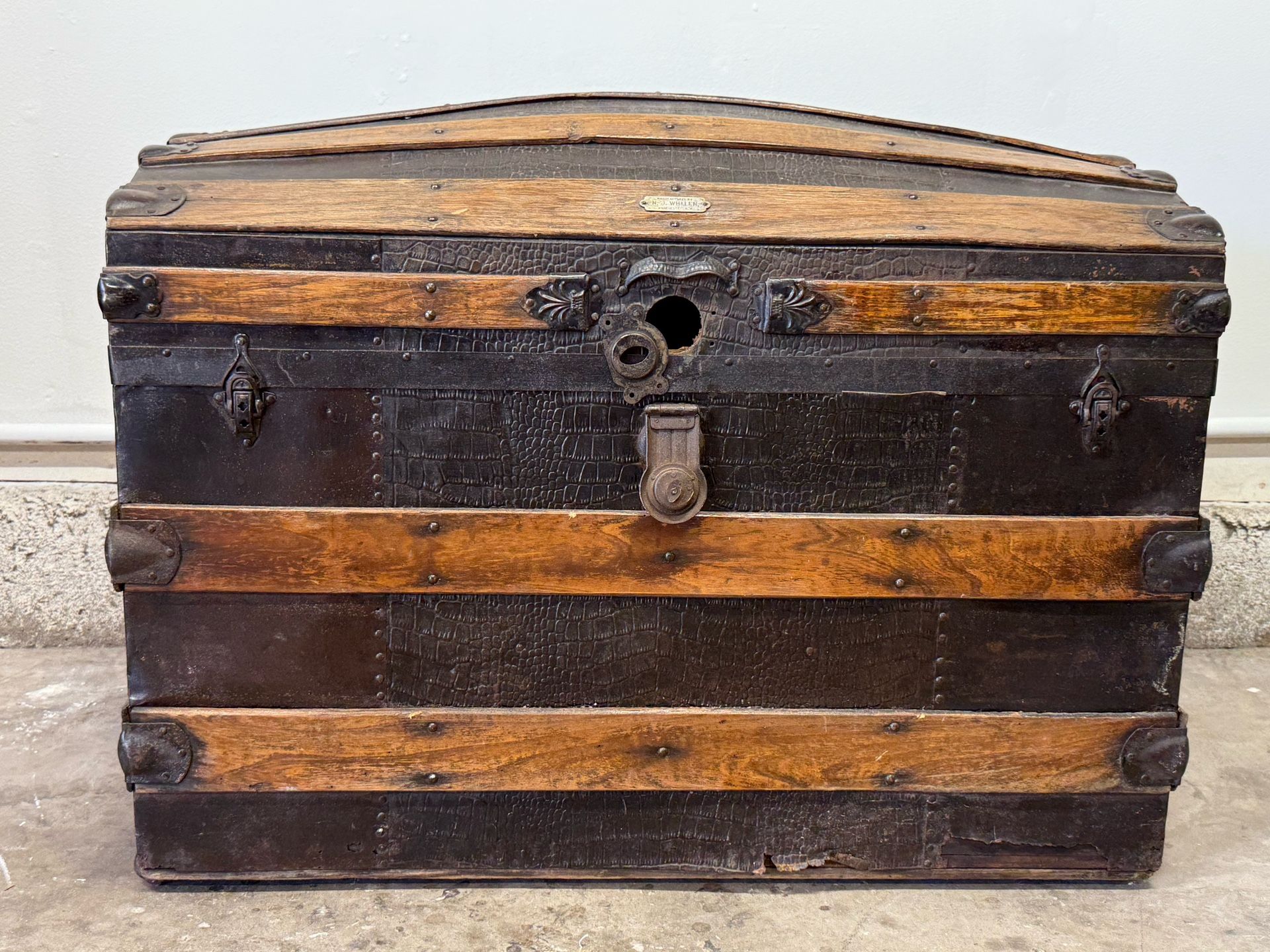 Antique Dome Trunk Chest with Alligator embossed tin top exterior