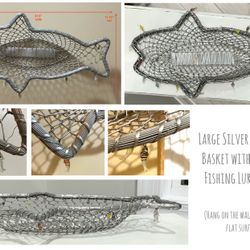 Large Silver Metal Fish Basket with Attached Fishing Lure Charms 