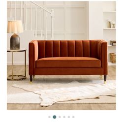 World Market Sofa  (Caramel) + Blanket + Pillows