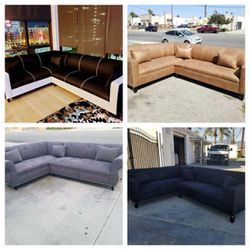 New 7X9FT  CHARCOAL MICROFIBER SECTIONAL COUCHES, DOMINO BLACK, CHARCOAL, BLACK COMBO FABRIC AND CAMEL LEATHER 