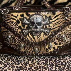 RARE Y2K rhinestone skull animal print purse 