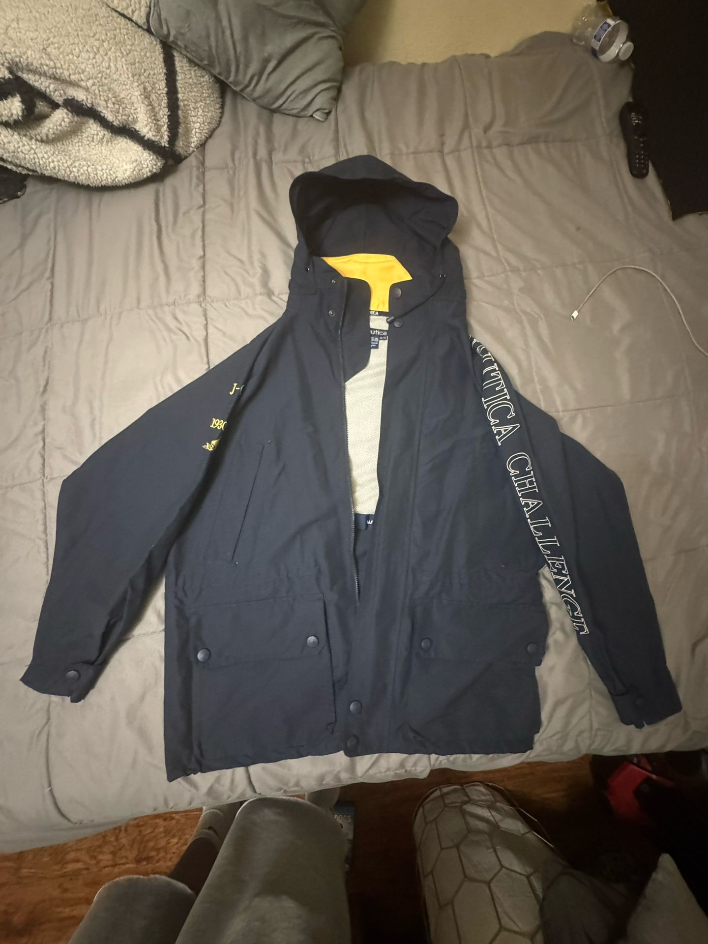 Vintage Nautica Challenge J-Class Navy Blue Raincoat Hooded Jacket Mens