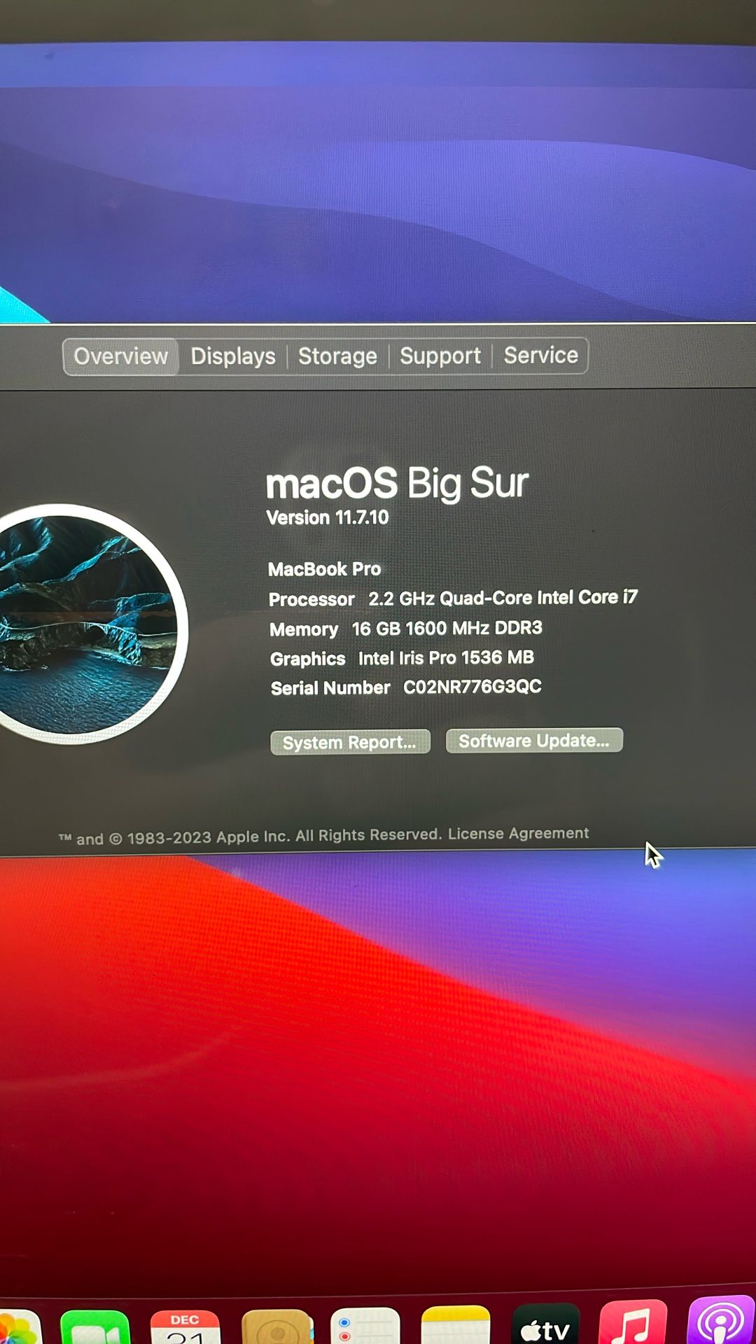 (#9) Apple Macbook Pro, 15” 2.2 , i7, 16 Ram 250 SSD