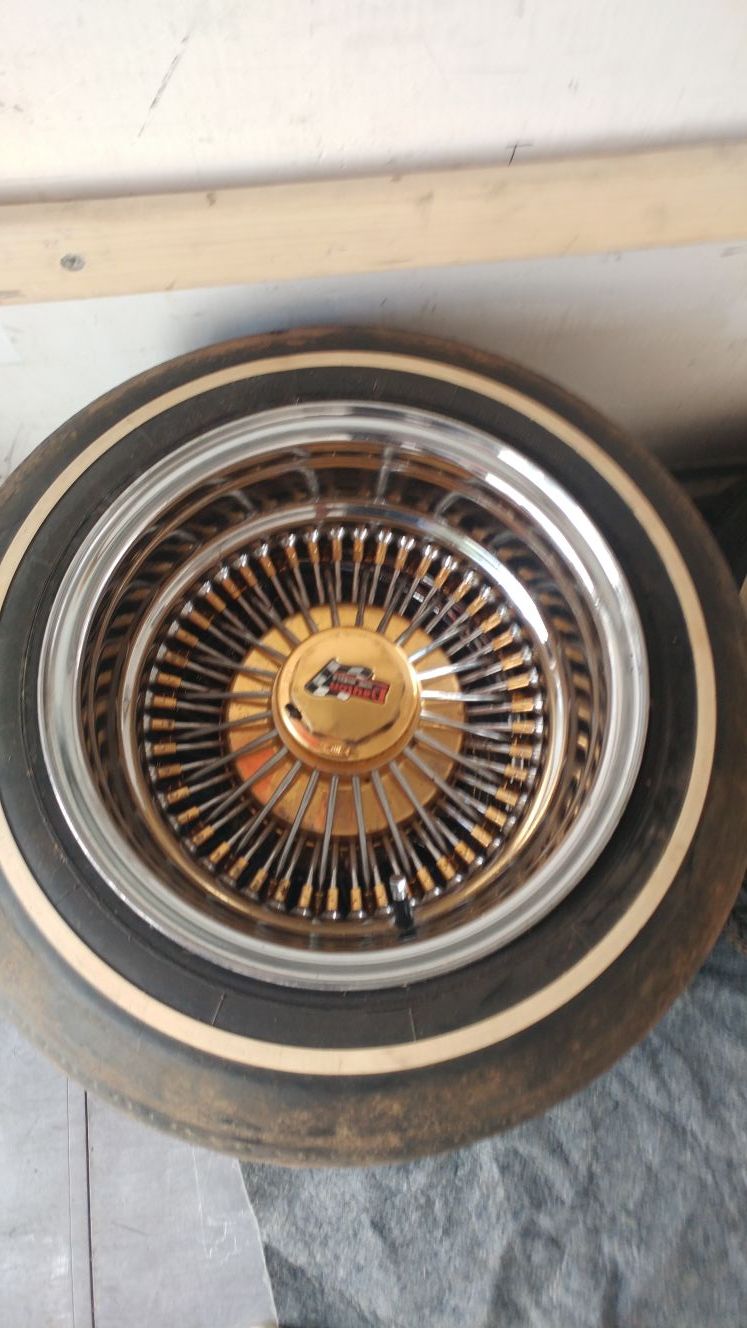 Full set of 4 Daytons 13x7 triple gold 72 spoke with tires