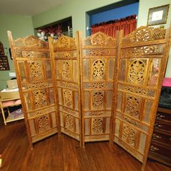 Vintage Carved Wood 4 Panel Room Divider