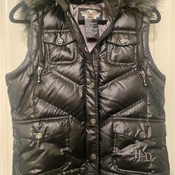 Women’s Harley Davidson-Quilted Hooded Down-Filled Puffer Vest w/ Removable Faux Fur Hood-Size Small