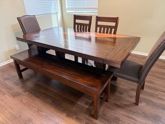 Dark Wood Dining Table Set with Bench and Chairs