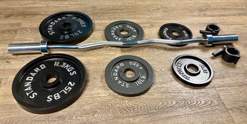 Olympic  Curl Bard & Brand NEW  Cast Iron Weight Plates 25s, 10s and 5s . Total: 97 lbs