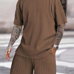 Men's Casual Solid Color Drop Shoulder T-Shirt & Shorts Set, Summerw