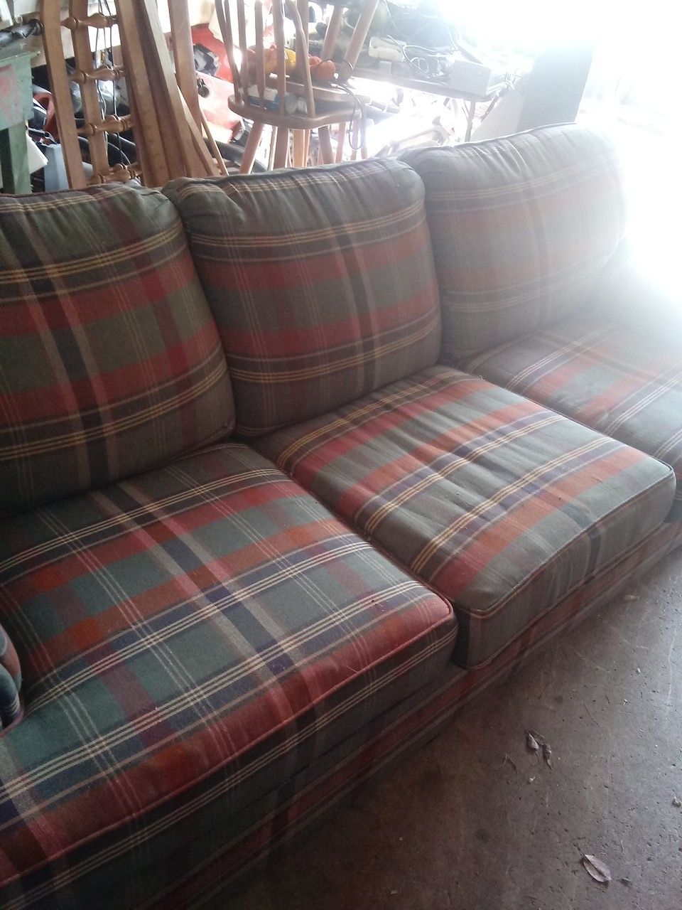 Maroon and green and blue plaid couch