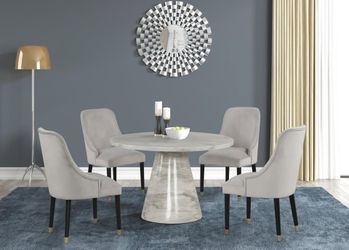Contemporary, lavish design round marble look dining table/dining set in cream