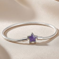 Pandora Style 925 Silver Bracelet – Sterling Silver Bangle with Purple Star Charm, Elegant Jewelry Gift for Women 