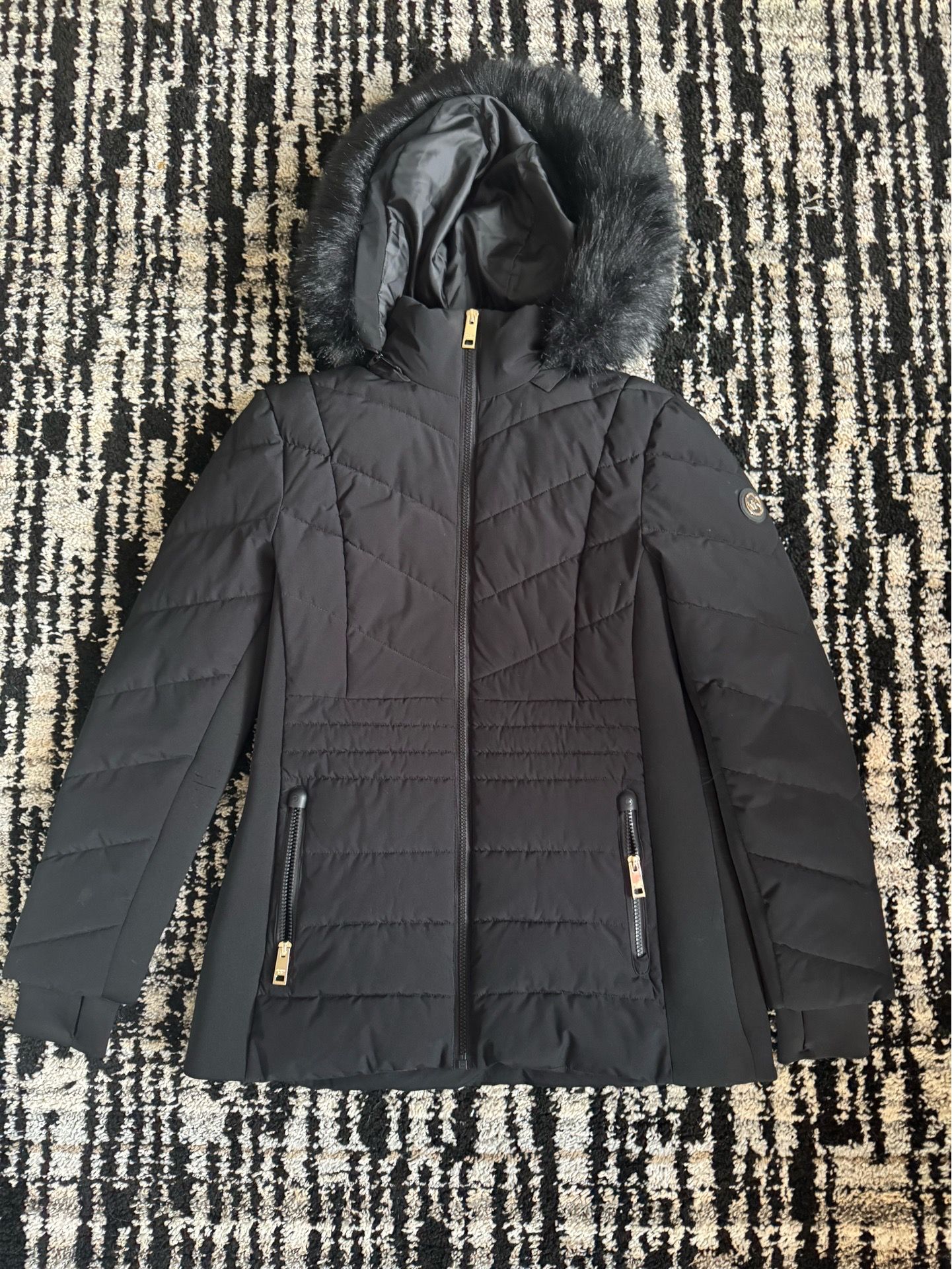 Michael Michael Kors Women's Black Chevron Faux Fur Hooded Coat featuring gold-tone hardware and thumbhole cuffs.