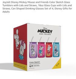 JoyJolt Disney Mickey Mouse and Friends Color Sketch Glass Tumblers with Lids and Straws, 16oz Glass Cups with Lids and Straws, Can Shaped Drinking Gl