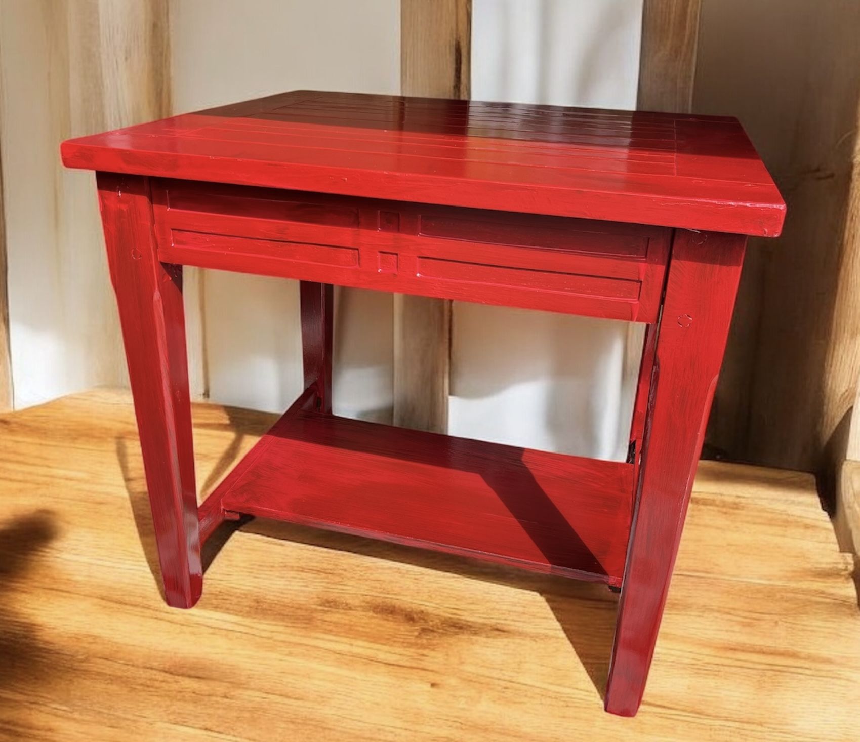Wood Table – High-Gloss Red Finish, 30” Tall, 30” x 24” – Modern Designer Accent, Statement Dining, Office, or Entryway Table