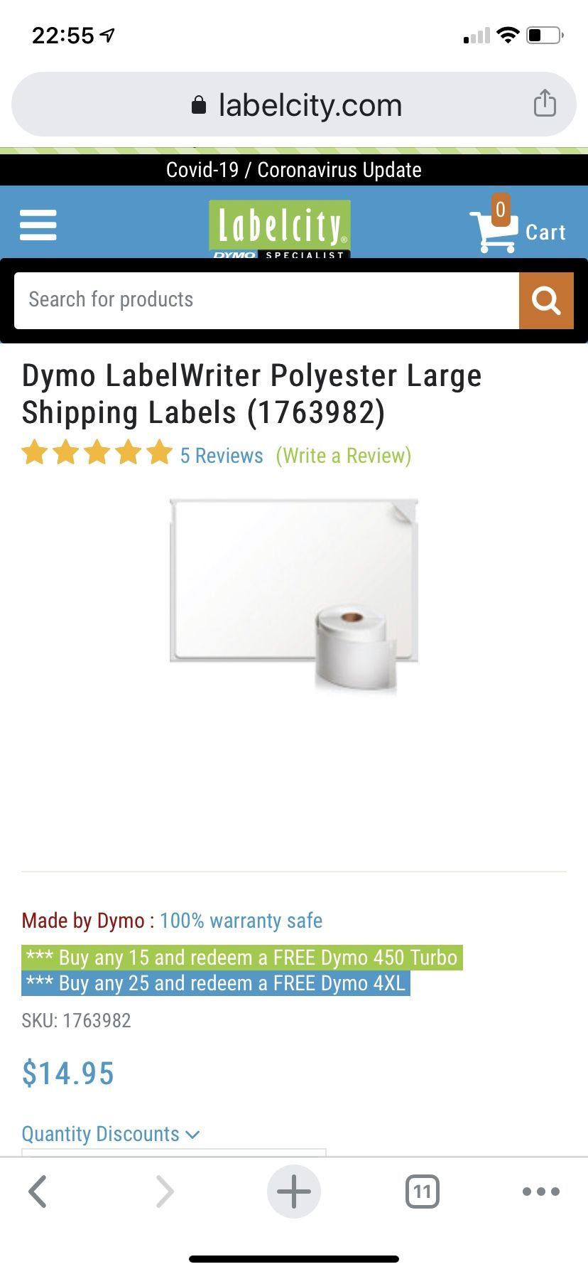 Dymo LabelWriter Polyester Large Shipping Labels (1763982) Brand New