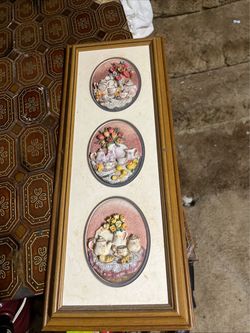 vintage hand-painted resin or ceramic 3D tea-themed shadowbox pieces