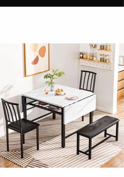 Lamerge 4-Piece Dining Table Set for 3-6 People, 63" Extendable Kitchen Table Set with 1 Bench and 2 Backrest Chairs, Faux Marble Table Square Dining 