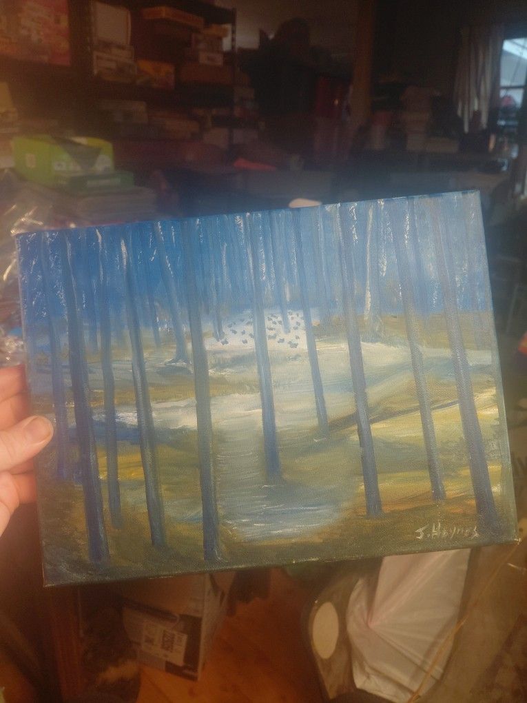 Oil Painting Signed J. Haynes Blue Trees 12x9" CanvasOil Painting Signed J. Haynes Blue Trees 12x9" Canvas