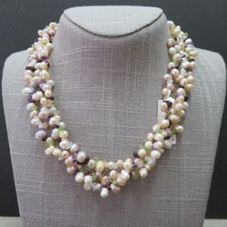 14K YELLOW GOLD FRESHWATER PEARLS AND GEMSTONE NECKLACE TRIPLE STRAND PEARLS W/