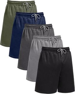 Breathable mesh shorts in a 5-pack set including black, navy, dark grey, light grey, and olive green. These athletic shorts are made from quick-drying