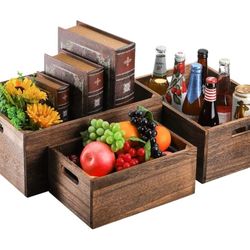 Frcctre Set of 3 Wood Nesting Storage Crates with Handles, Decorative Farmhouse Wooden Crates Storage Containers Rustic Handmade Natural Solid Wood Ba