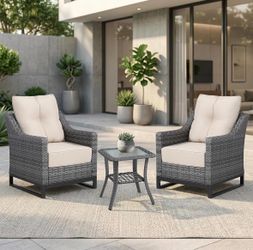 3 Piece Patio Furniture Set, Grey Wicker Outdoor Conversation Set with 2 Wicker Chairs and Side Table, 6-Inch Thick Cushions, High Back Seating, Beige