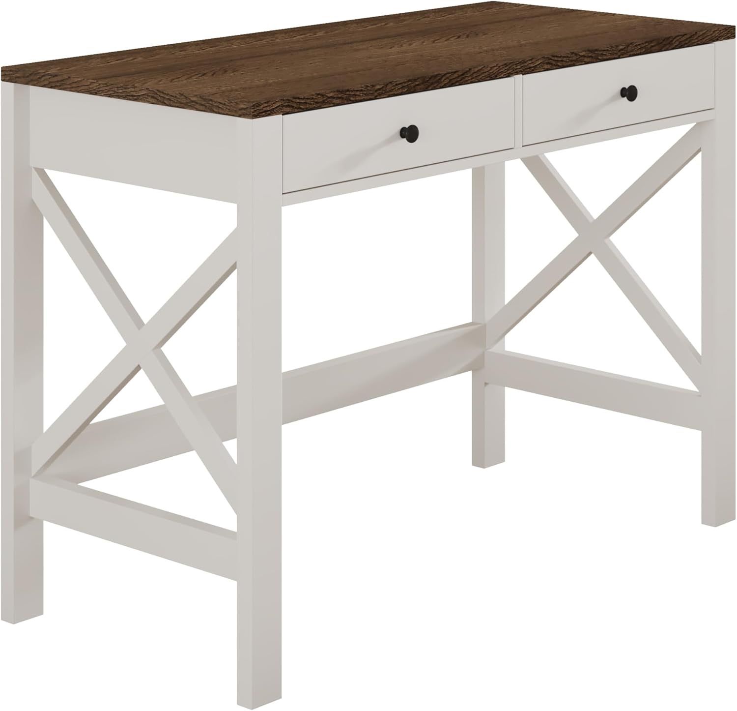 Farmhouse Desk – 39” Wide w/ 2 Drawers, Rustic White & Brown – Great Condition