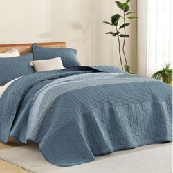 Litanika Quilt Queen Size Blue Linen, Stripe Patchwork Summer Bedspread Coverlet 3 Pieces