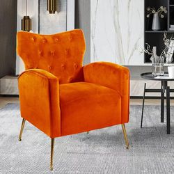 Wingback Accent Chair, Velvet Armchair Leisure Sofa for Living Room & Bedroom, Orange