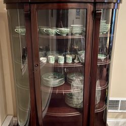 Antique American Empire Mahogany Bow Front Curio China Display Cabinet With Key