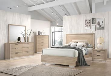 4PC QUEEN BEDROOM SET: QUEEN BED FRAME, DRESSER, MIRROR, NIGHTSTAND--RUSTIC BEIGE