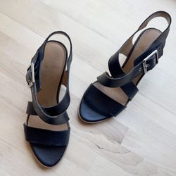 Franco Sarto HELGA Black Leather Silver Hardware Buckle Heel Sandals size 7