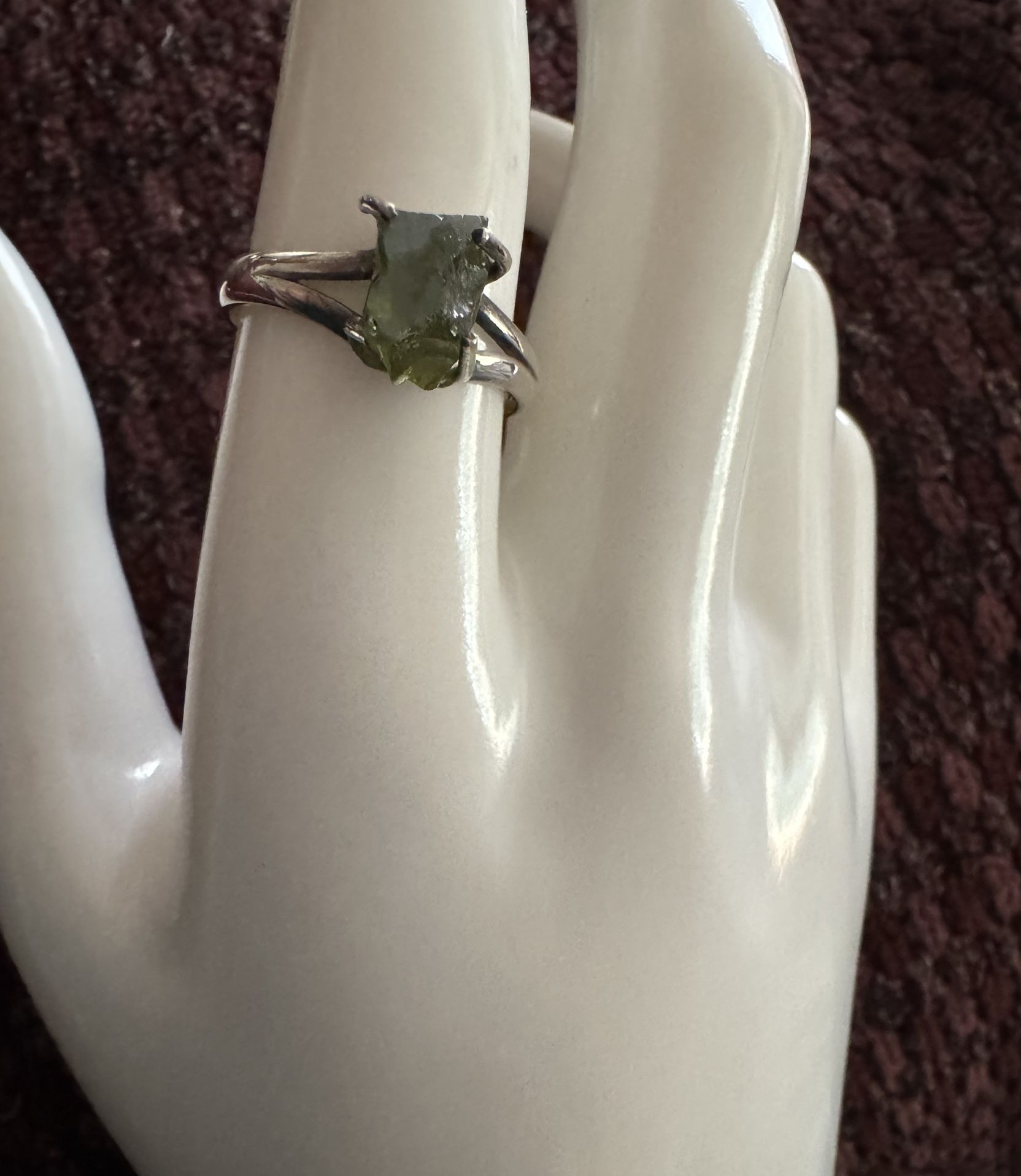 Unique Raw Moldavite Stone Set in Sterling Setting, size 8.5