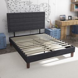 Dark Gray Upholstered Platform Bed Frame with Headboard