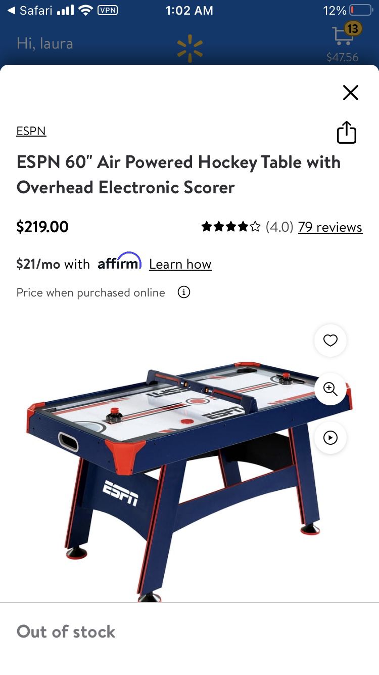 60” ESPN Air Hockey Table Model #: AWH060_068E