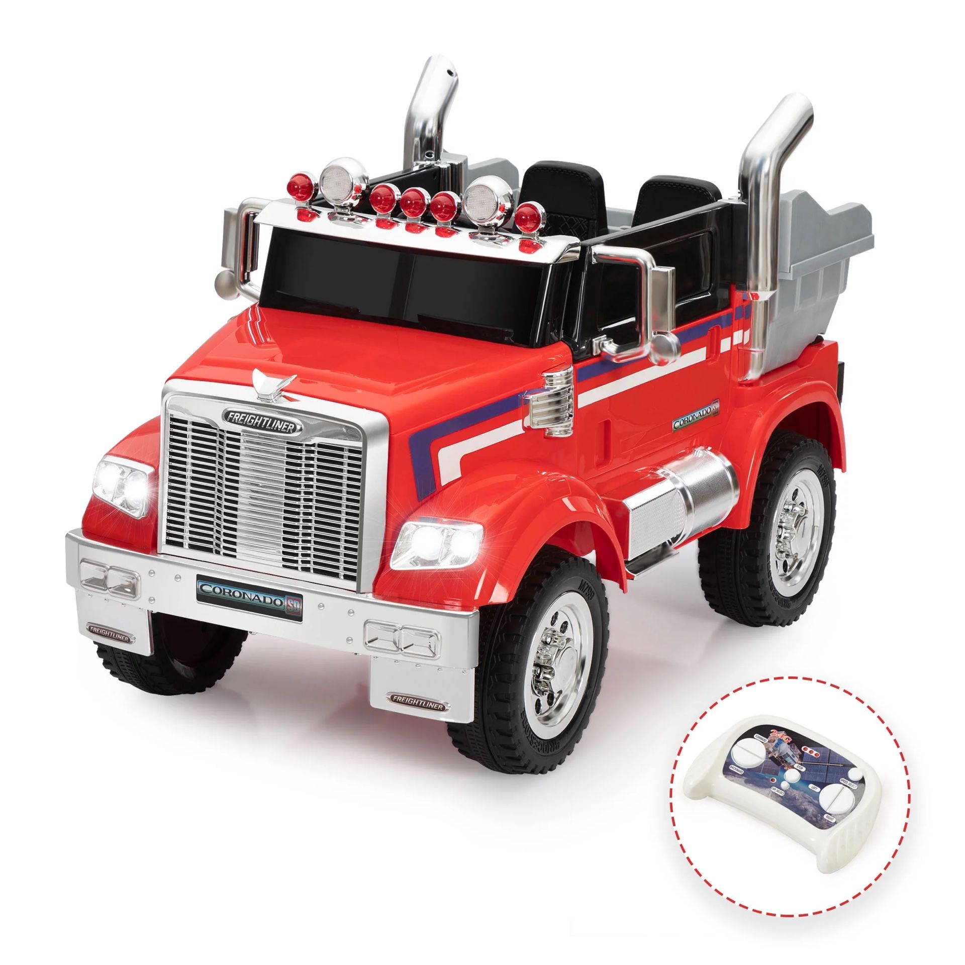 TOBBI 12V Electric Dump Truck Licensed Freightliner Four Wheeler Fire Truck with Remote Control, Music, Horn, LED Headlights, Rear Loader, Battery Pow
